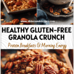 Homemade gluten free granola healthy blend of oats, maple syrup, and toasted pecans on a rustic tray.